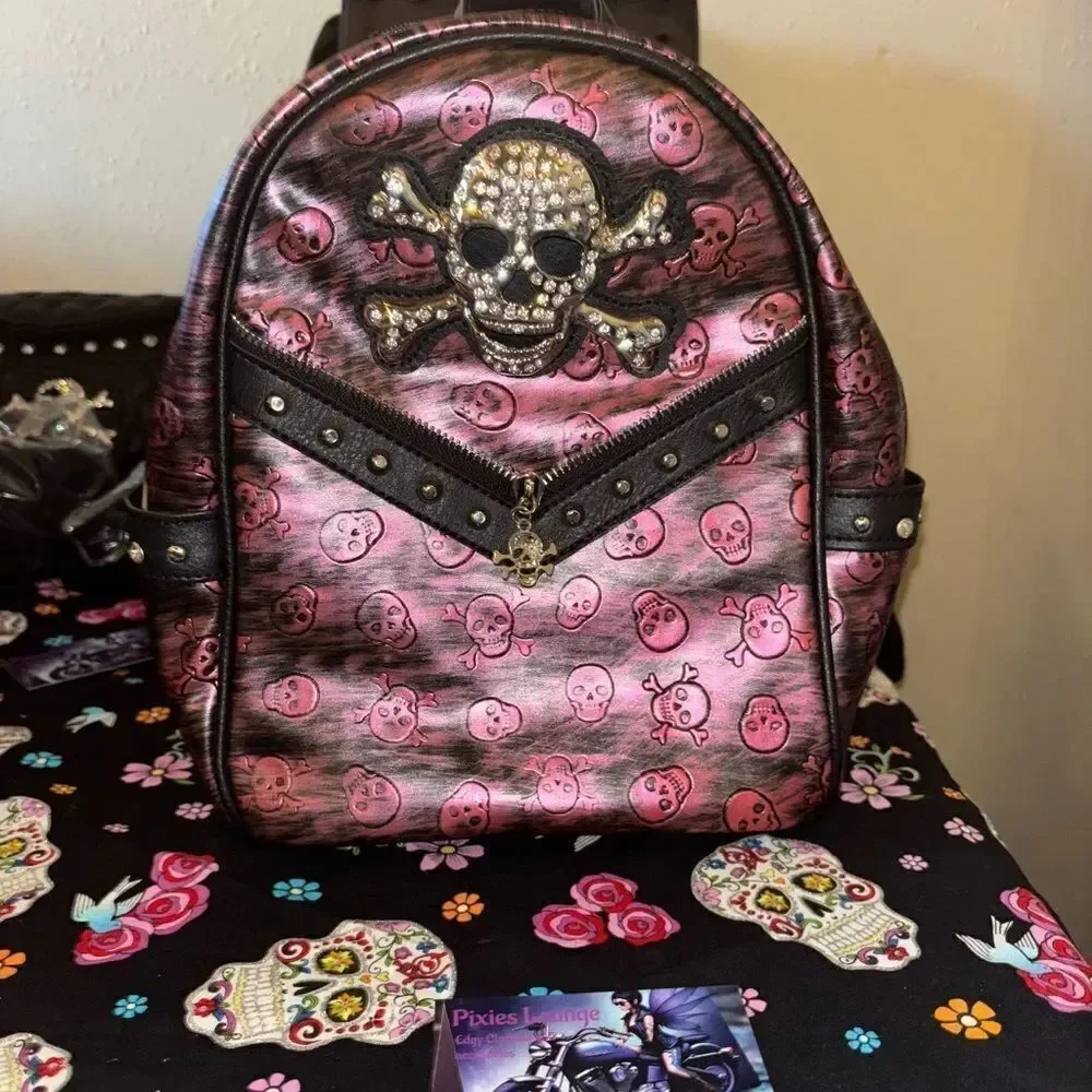 Pink 3D Skull Studded Backpack